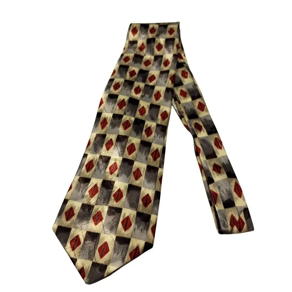 Towncraft Mens Geometric Diamond Checkered Necktie Silver Grey Red Made‎ in USA